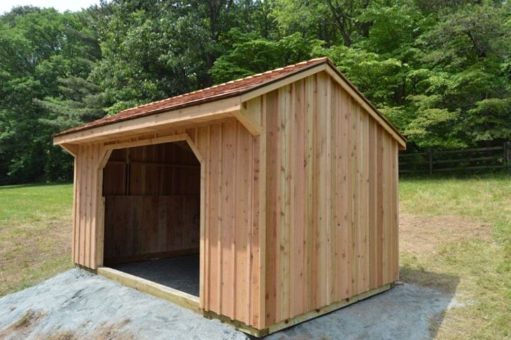 unpainted loafing barn in front of trees