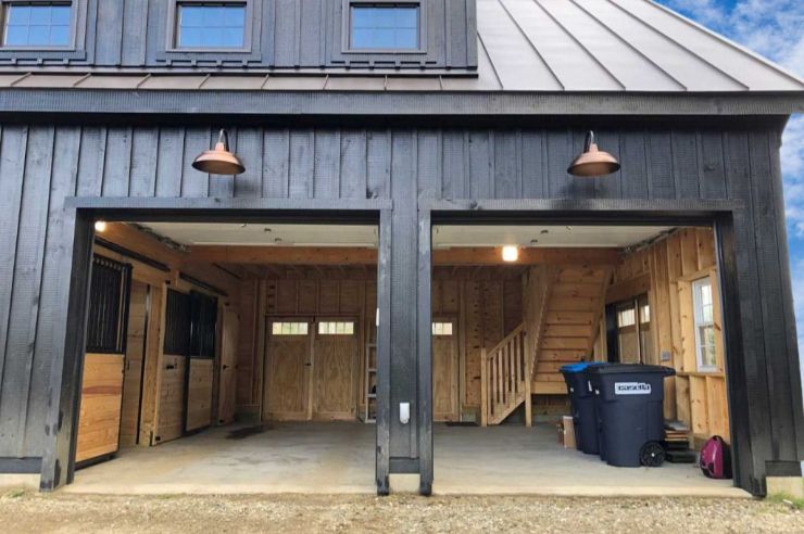 black garage with two doors open