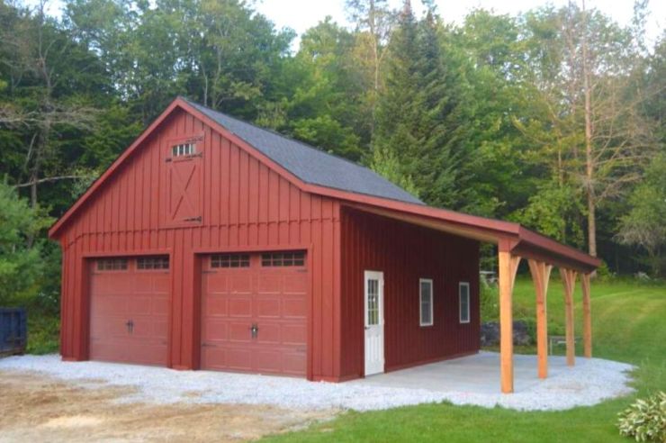 custom red detached garage with lean-to