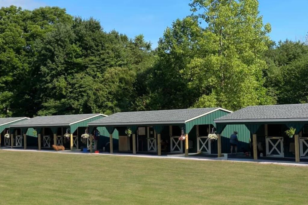 green horse barn with white trim
