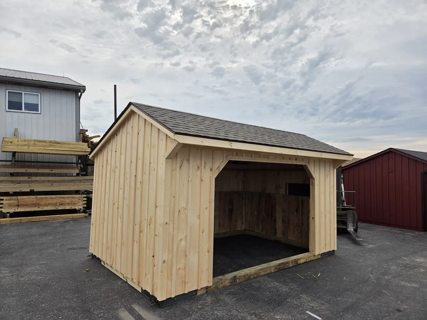 run-in shed with quaker style rafters