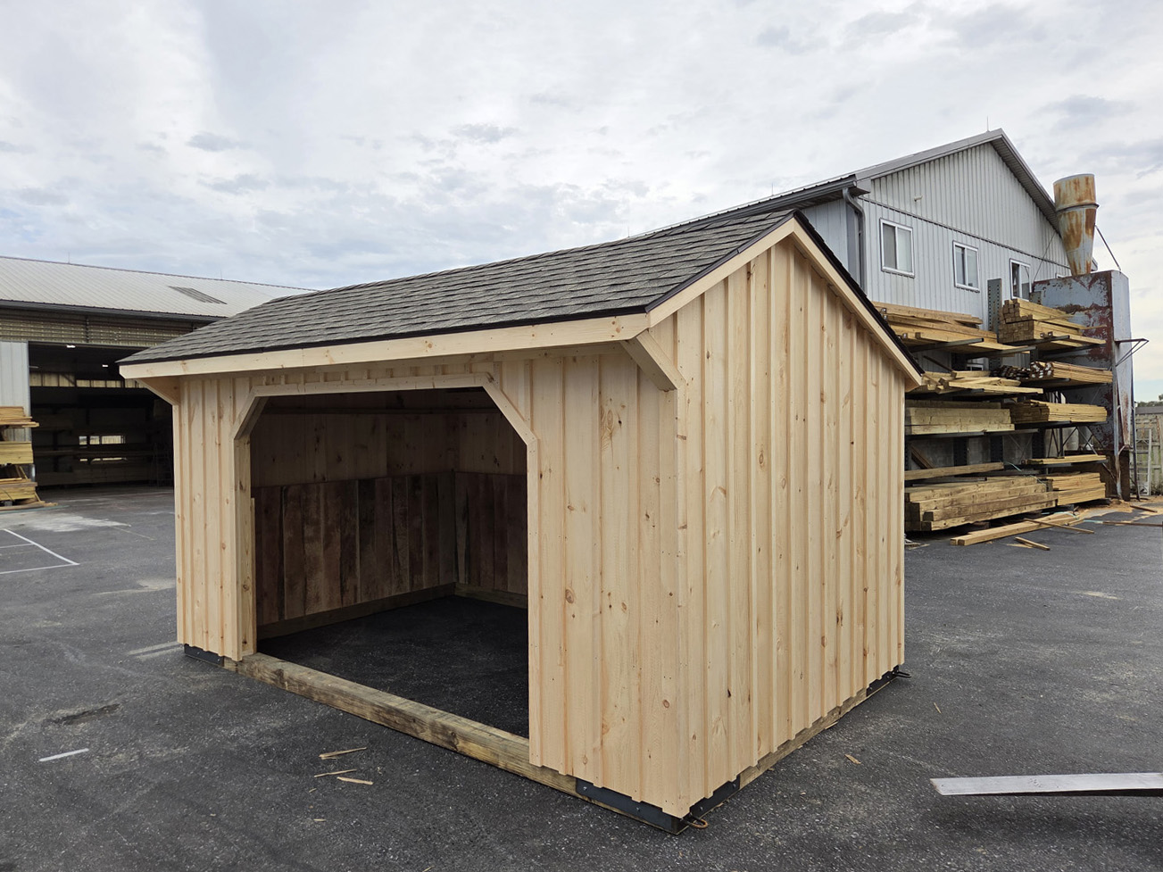 run-in shed with quaker style rafters